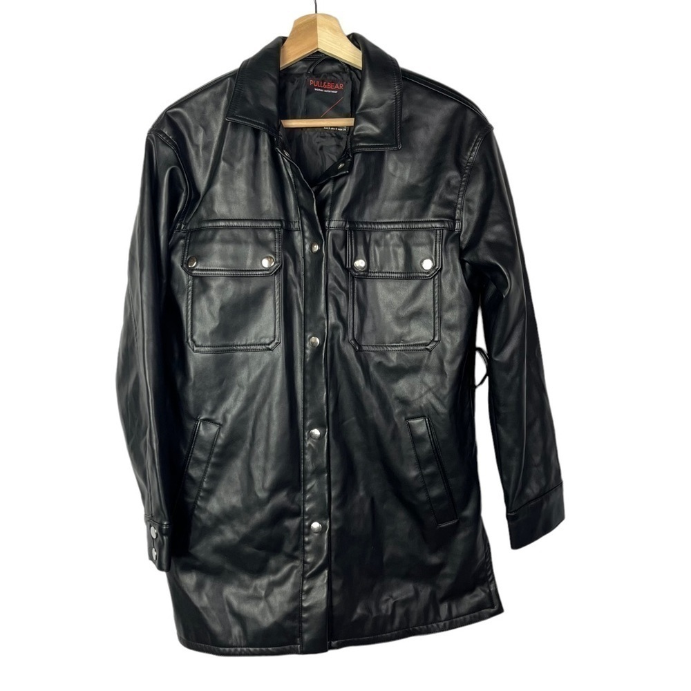 Pull&Bear Black Faux Leather Shirt Snap Button Jacket S